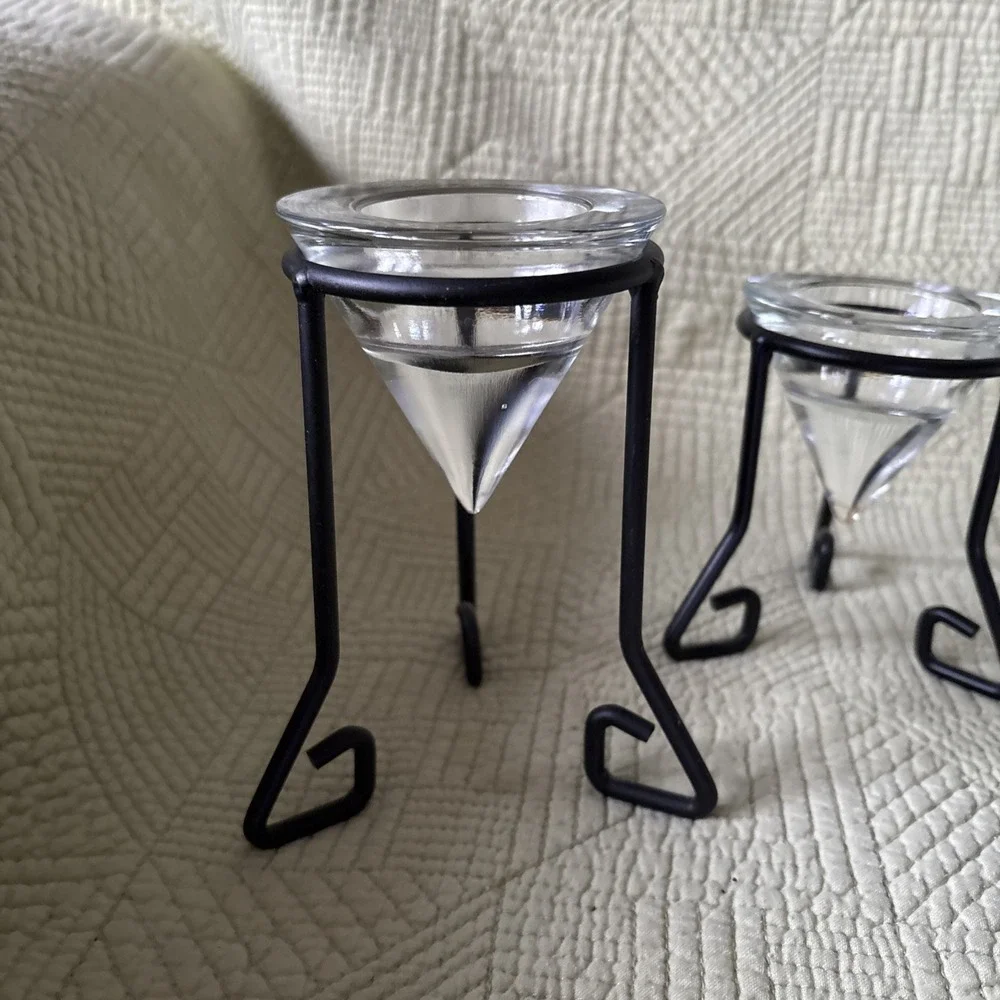 Vtg MCM Wrought Iron Glass Tea Light Holders Set of3 Glass Cone Votives Graduate